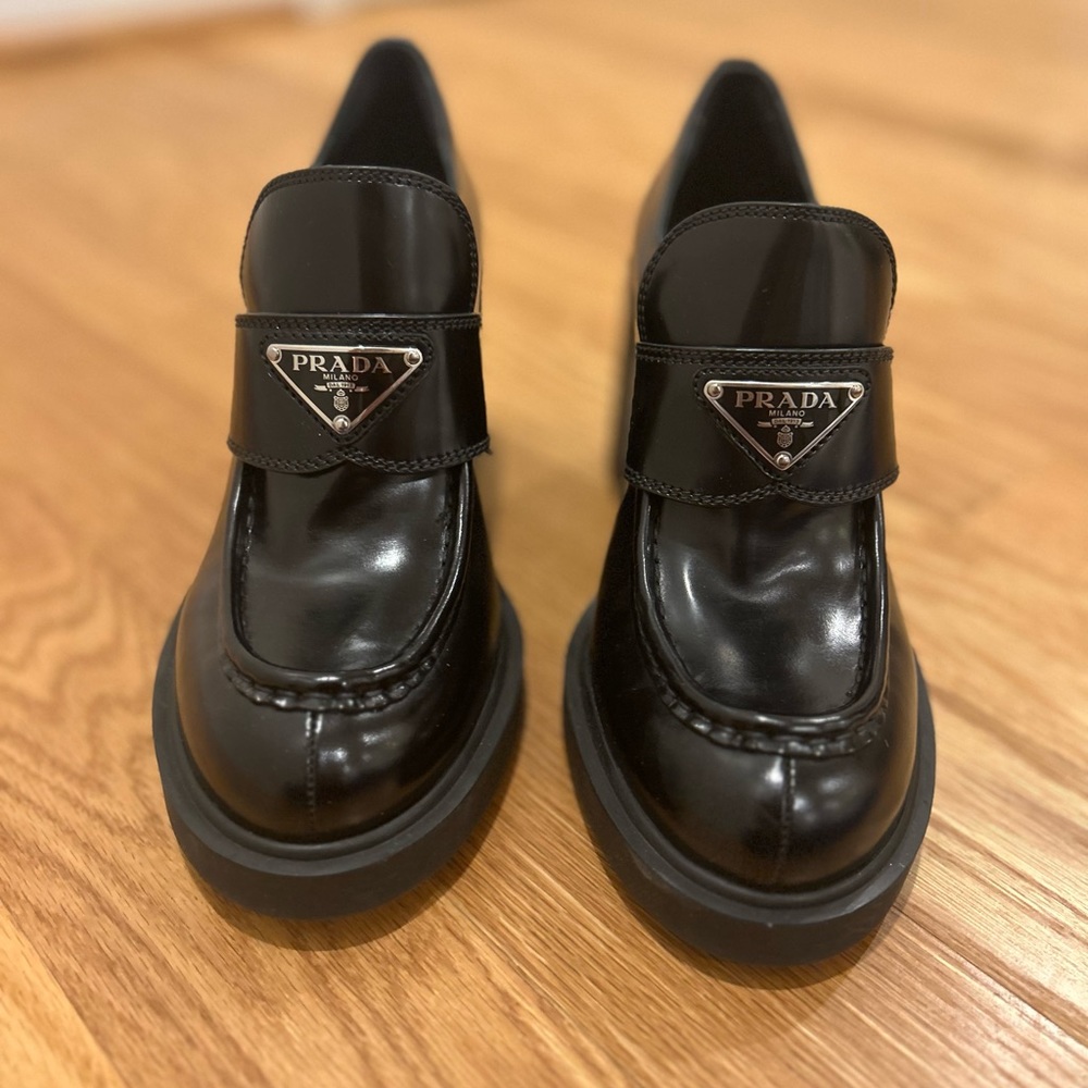 Brand New Prada High Heeled Brushed Leather Loafers. Never Worn, Mint Condition